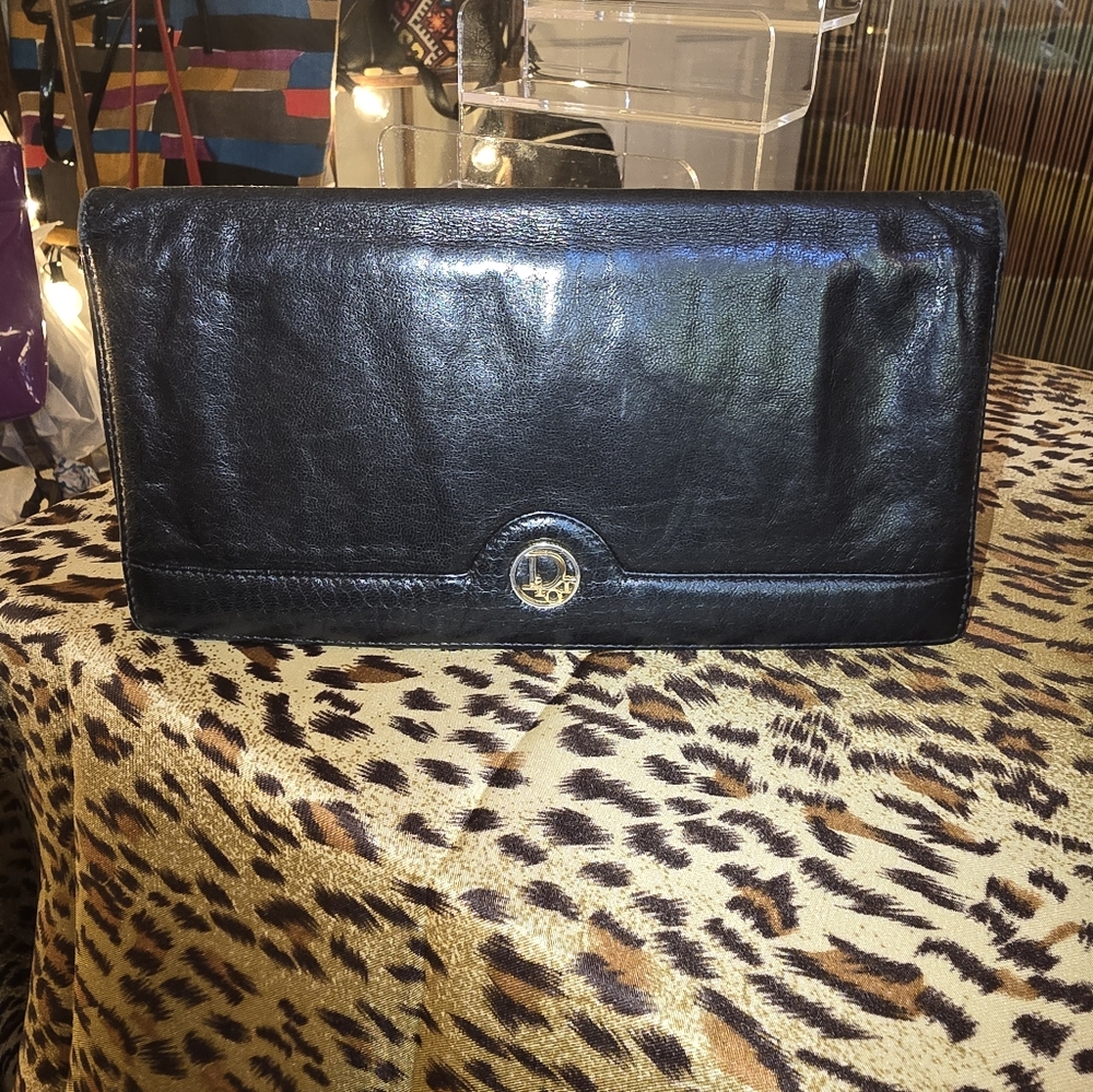 Dior Black Leather Wallet With Gold Accent